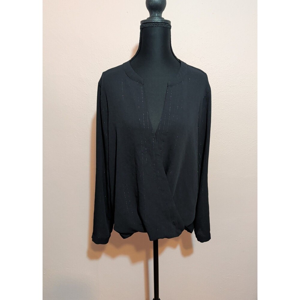 ⭐Jennifer Lopez Large Black Sparkle V Neck Wrap Blouse Long Sleeve Shimmer Top⭐ - Picture 2 of 12
